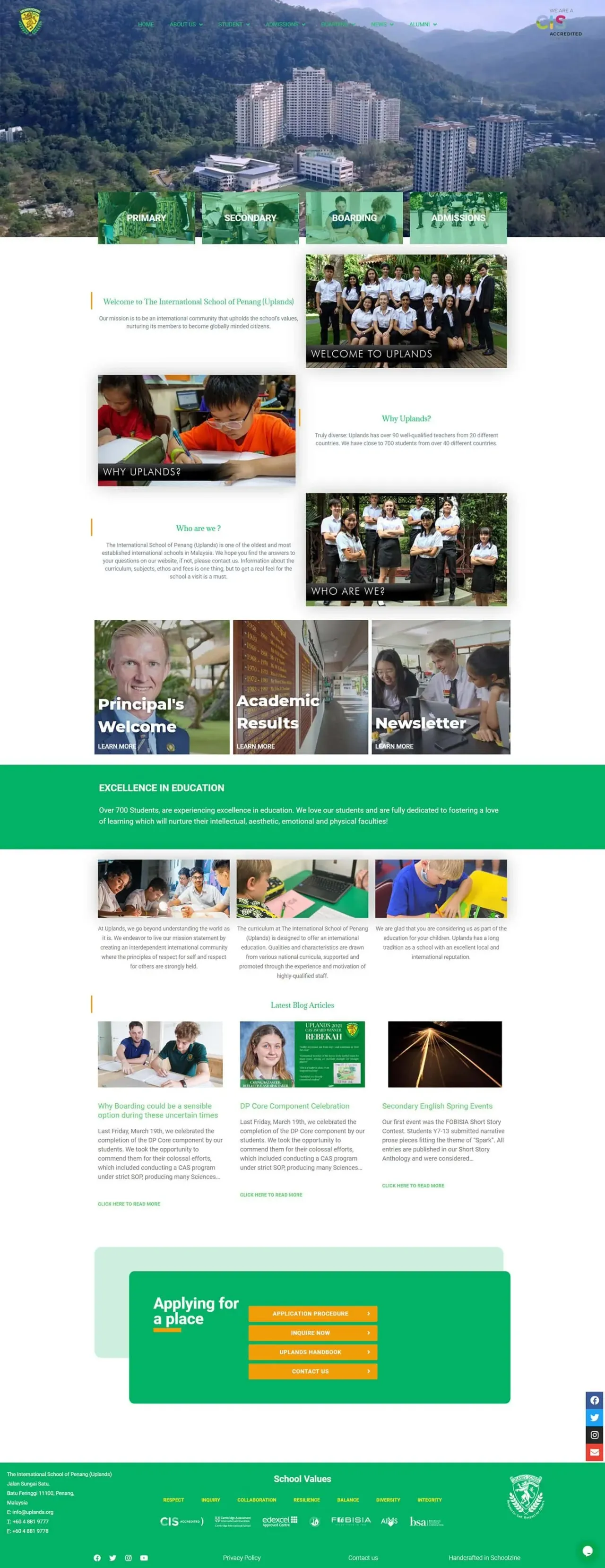 Uplands Penang International School website, full page, designed by Zahid Aramai